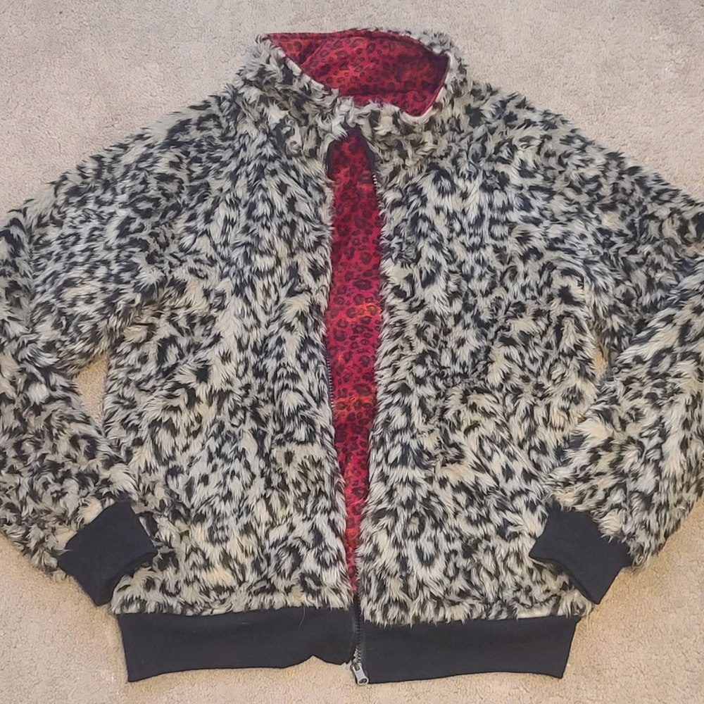 Reversable faux fur animal leopard print womens zipper coat jacket